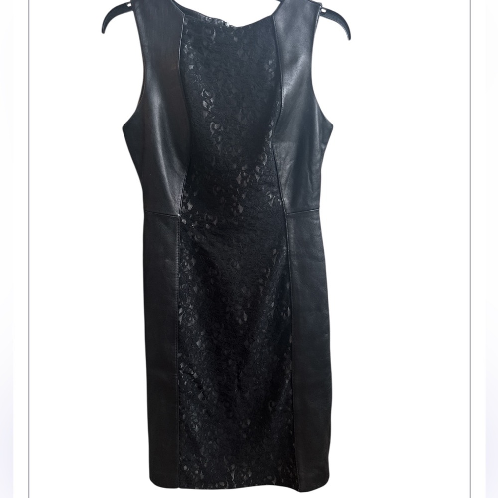 ANTONIO MELANI Black Leather Sleeveless Lace Front Midi Dress Size 2